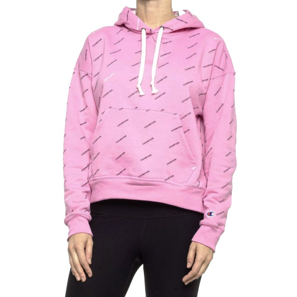 NEW Champion Powerblend Hoodie! Small Pink With All Over Logo Print
